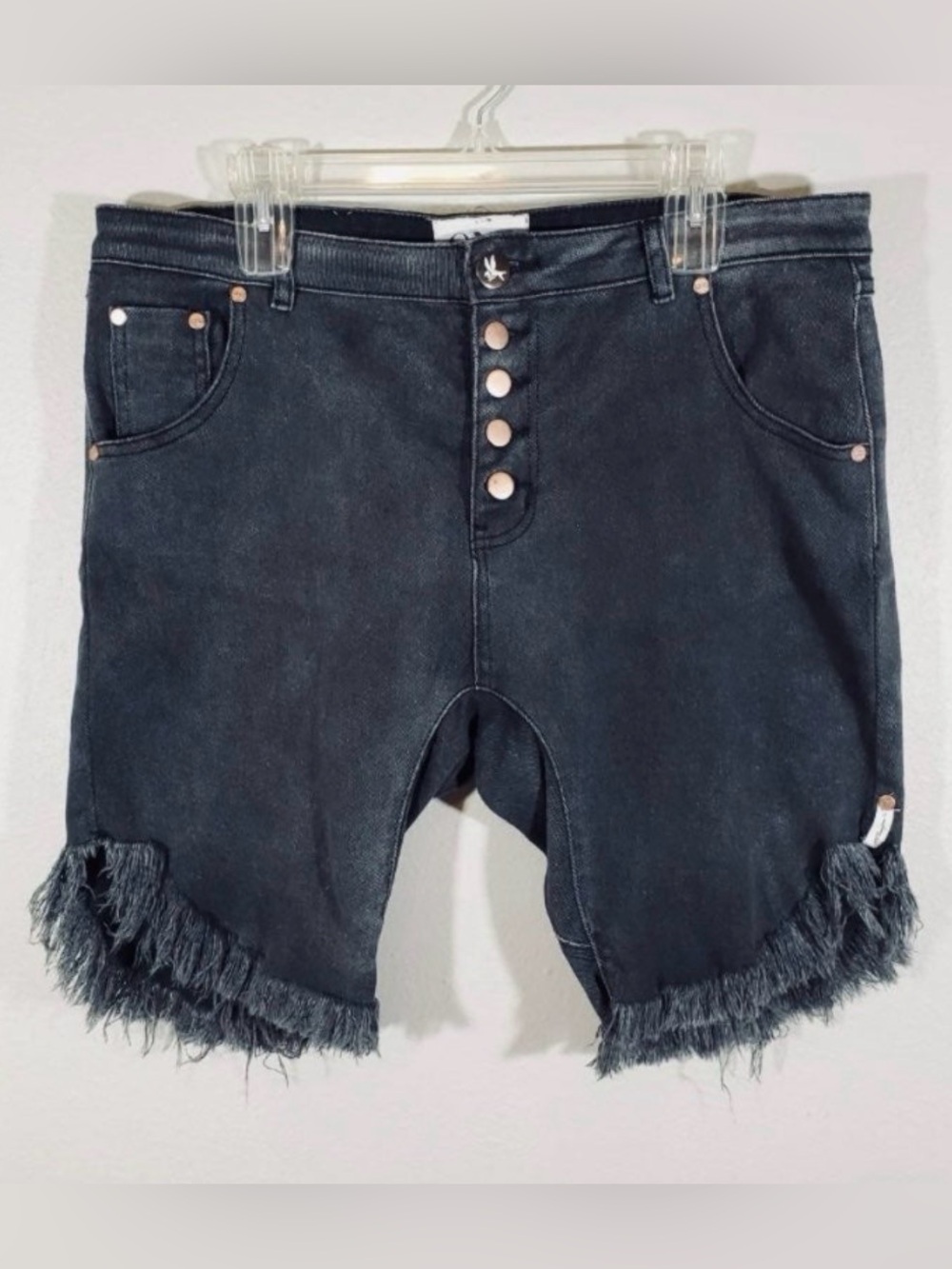 One Teaspoon Apollo Black Button-Front Frayed Hem Jean Shorts